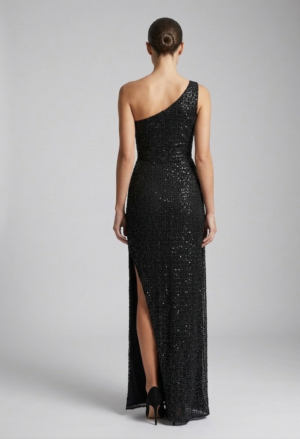 the black glitz one shoulder high slit dress