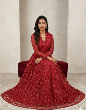 gul e rana embroidered net gown