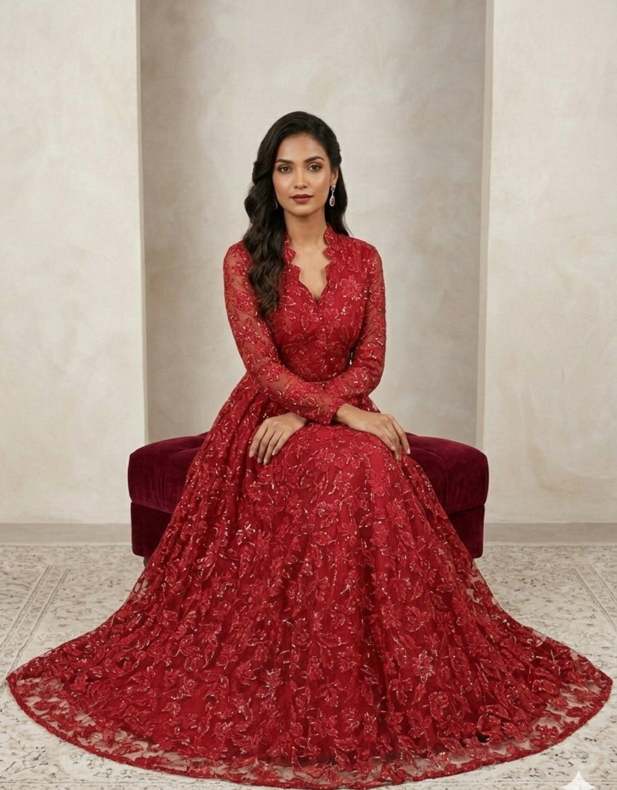 gul e rana embroidered net gown