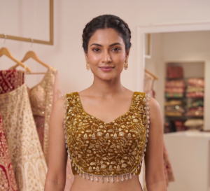 Gold Floral Embroidered Amber Velvet Blouse with short sleeves