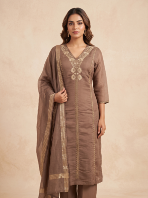 Mocha Glow Kurti 3 Set With Jaipuri Handwork
