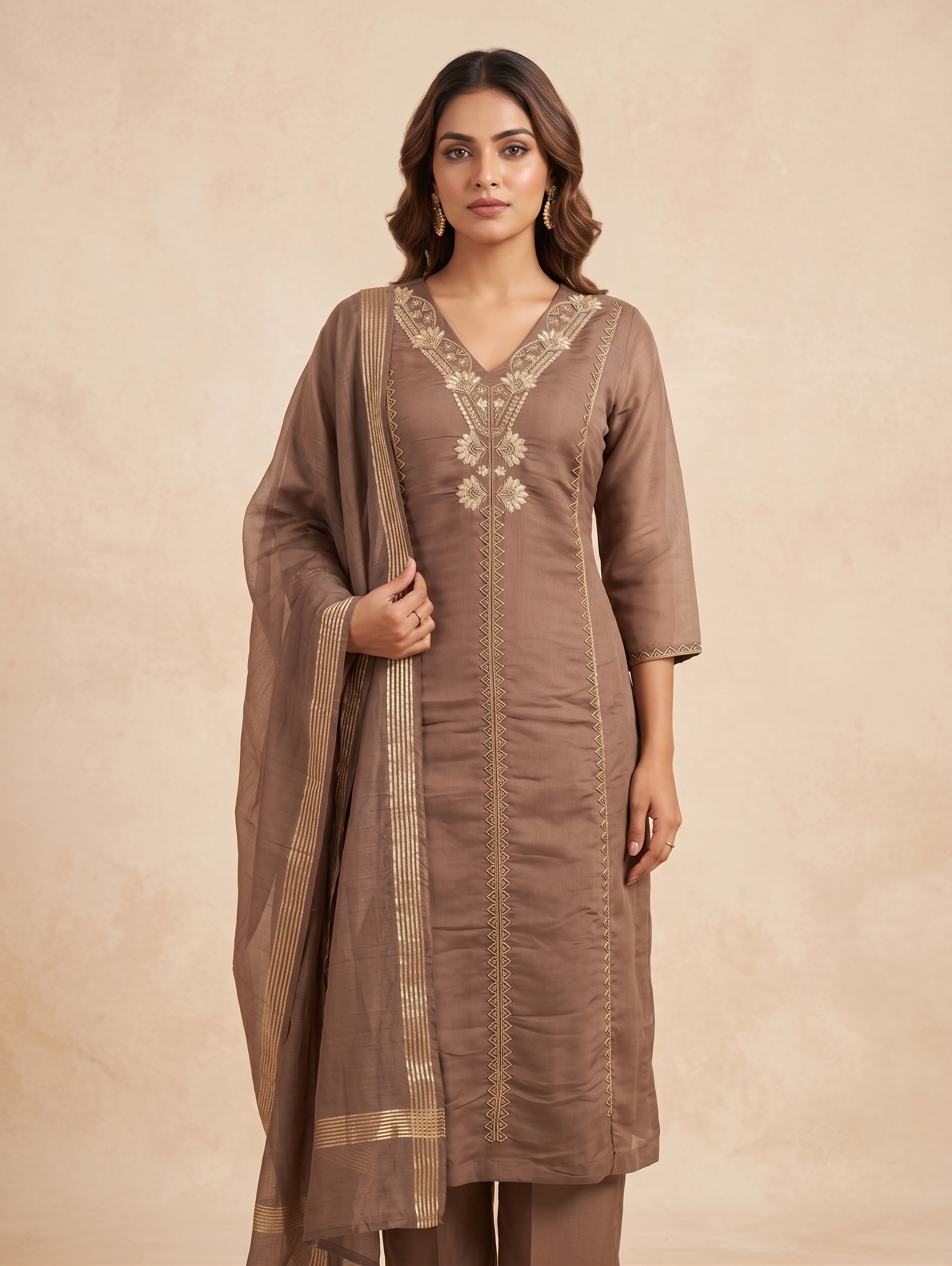 Mocha Glow Kurti 3 Set With Jaipuri Handwork