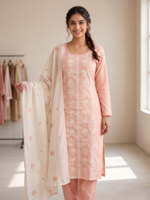 Peach Floral Chikankari Embroidered Kurta Set 3 with Dupatta