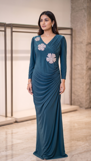 The Crystal Teal Blue Bloom Draped One Piece
