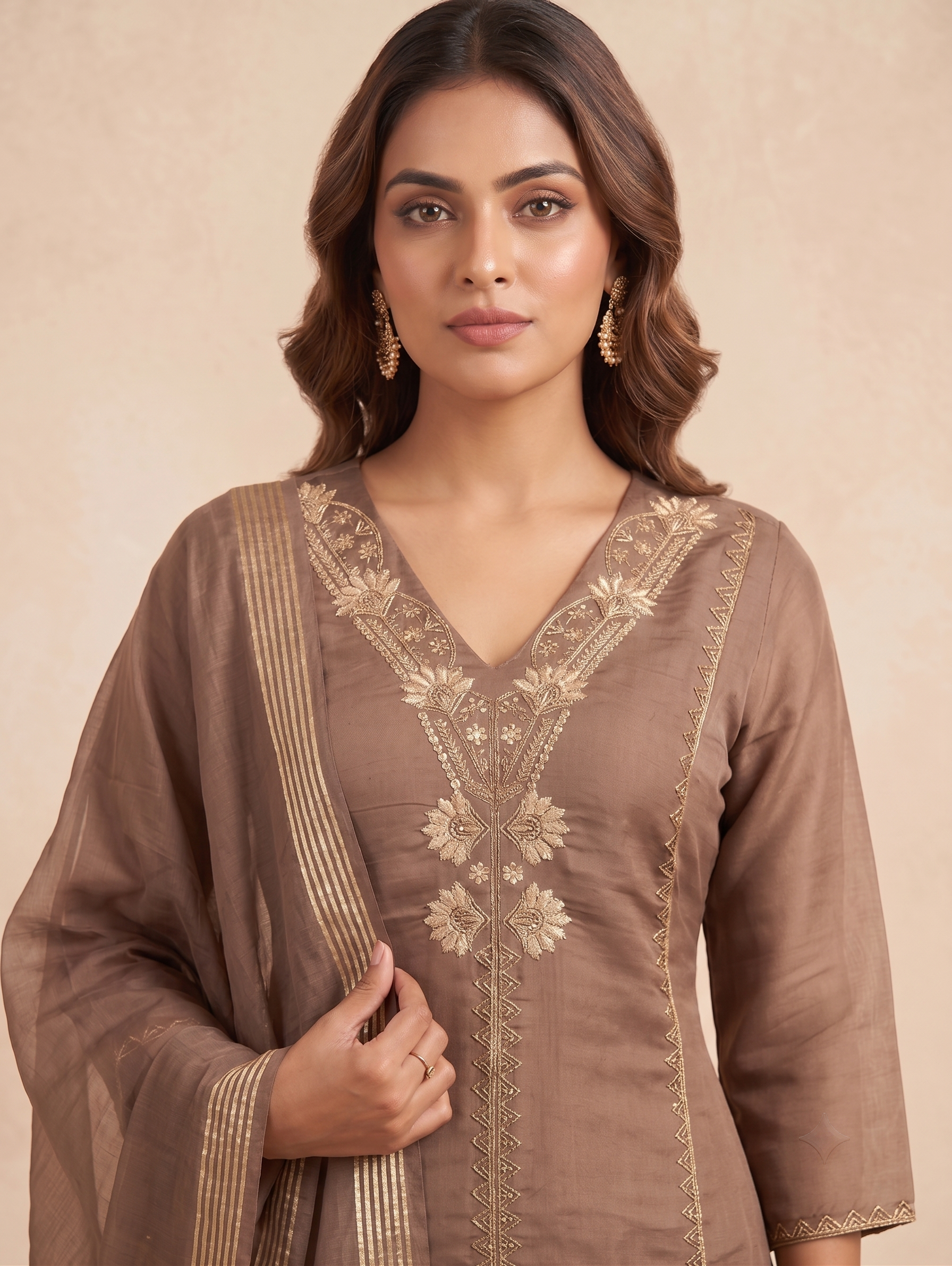 Mocha Glow Kurti 3 Set With Jaipuri Handwork - Image 2