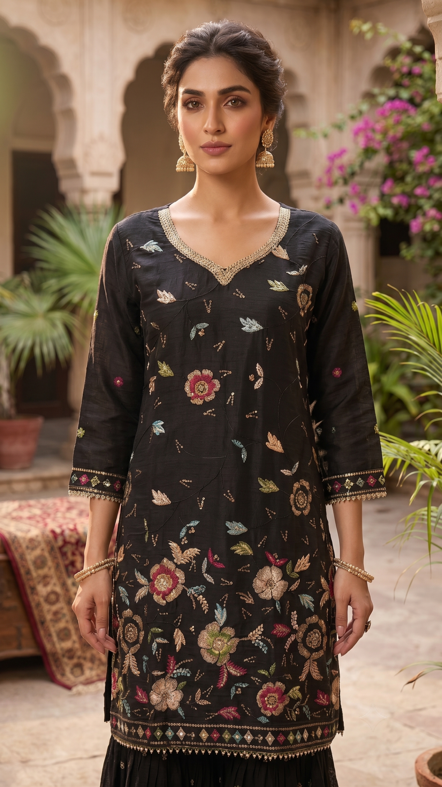 Black Velvet-Feel Floral Threadwork Kurti with Dupatta 3 Set - Image 3
