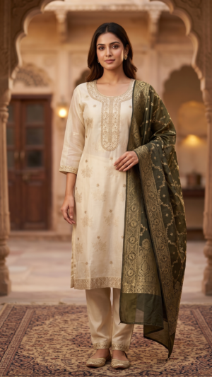 Royal Cream & Olive Banarasi Silk Suit 3 Set