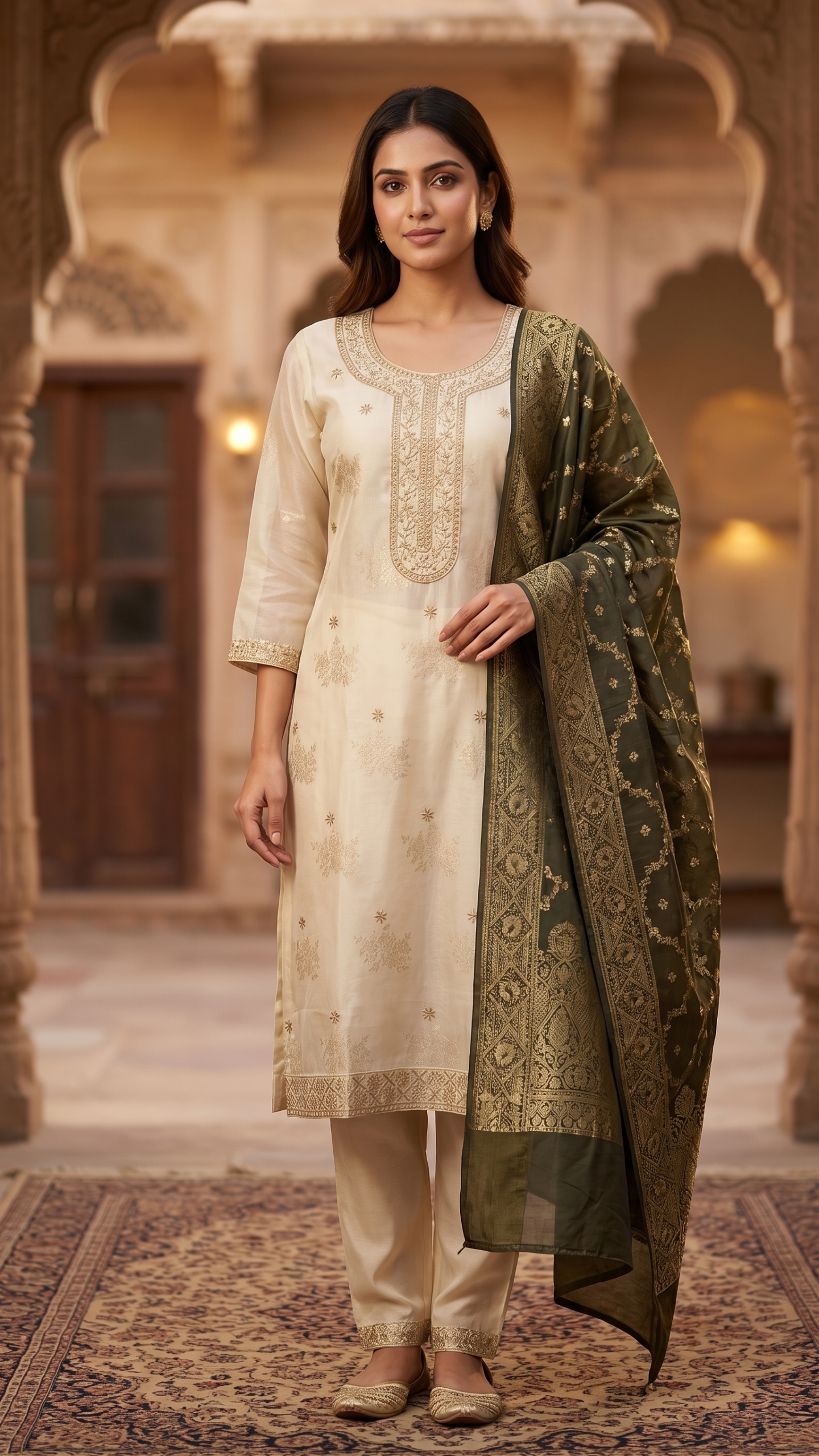 Royal Cream & Olive Banarasi Silk Suit 3 Set