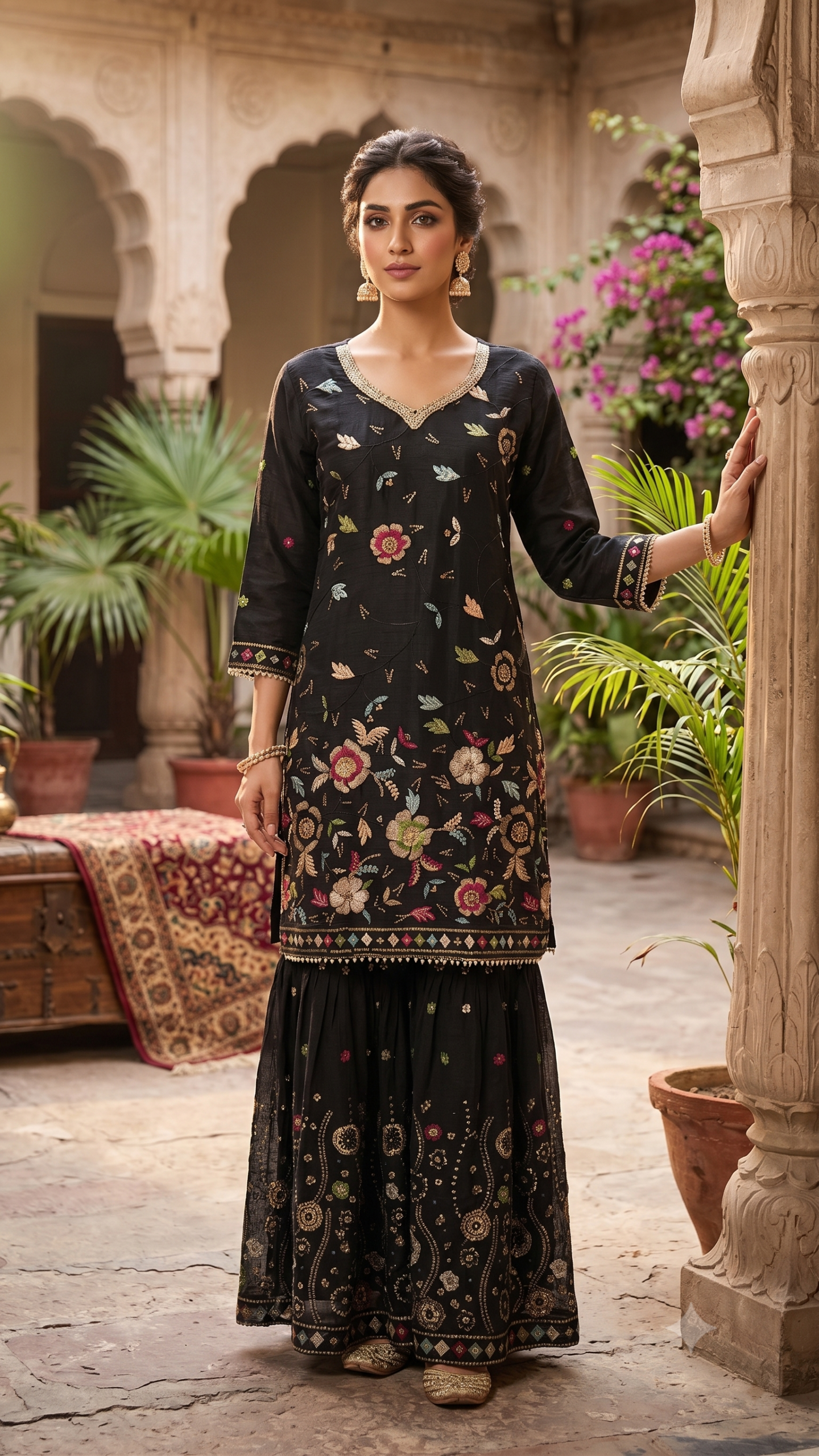Black Velvet-Feel Floral Threadwork Kurti with Dupatta 3 Set