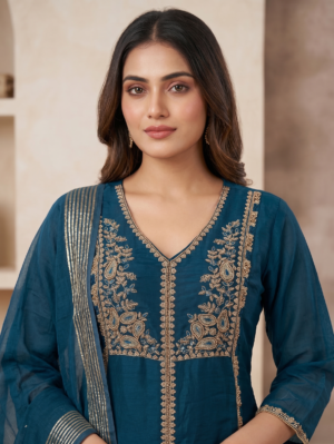 Royal Teal Blue Zari Embroidered Kurta Set 3 with Matching Palazzo
