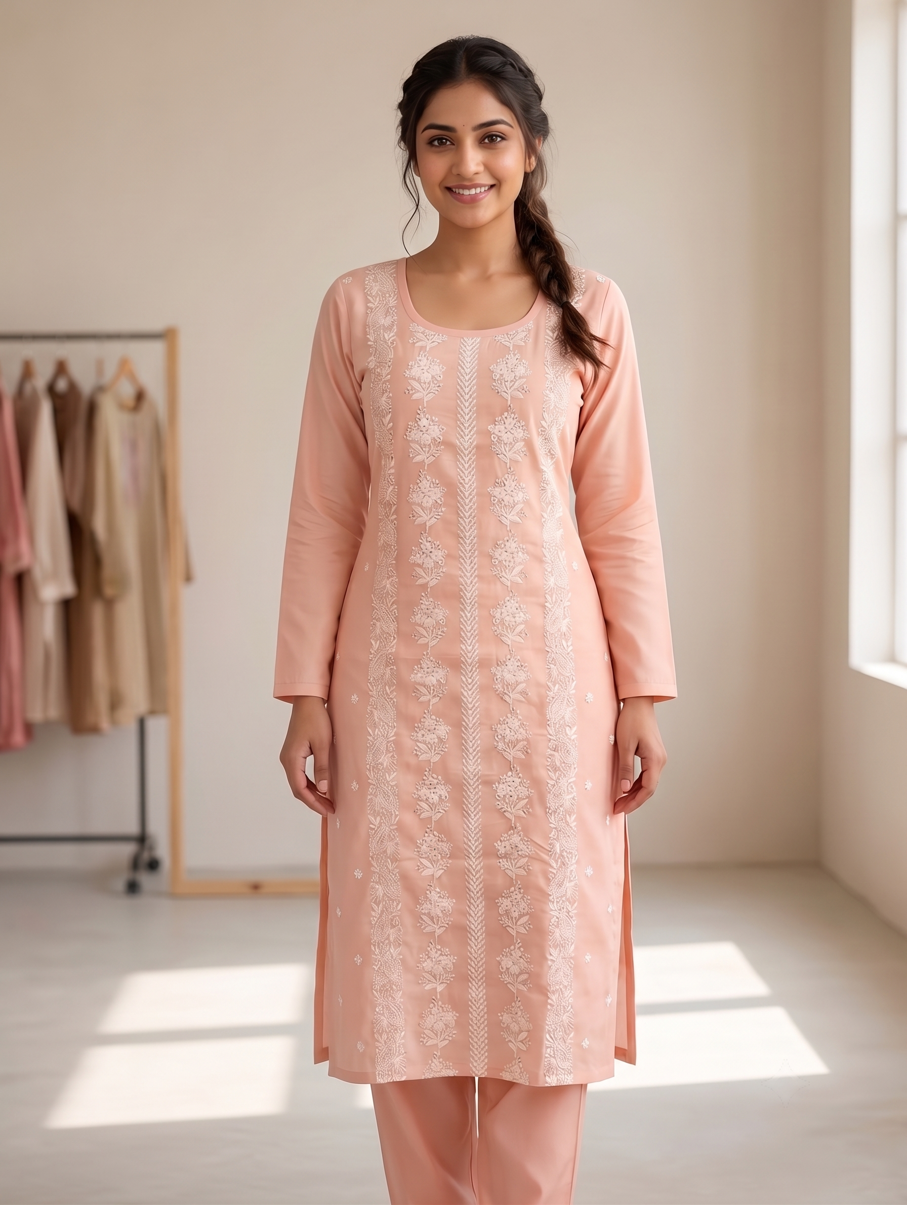 Peach Floral Chikankari Embroidered Kurta Set 3 with Dupatta - Image 4