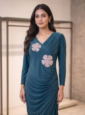 The Crystal Teal Blue Bloom Draped One Piece