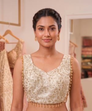 Pearl-Ivory Sequined Sweetheart Blouse with short sleeves