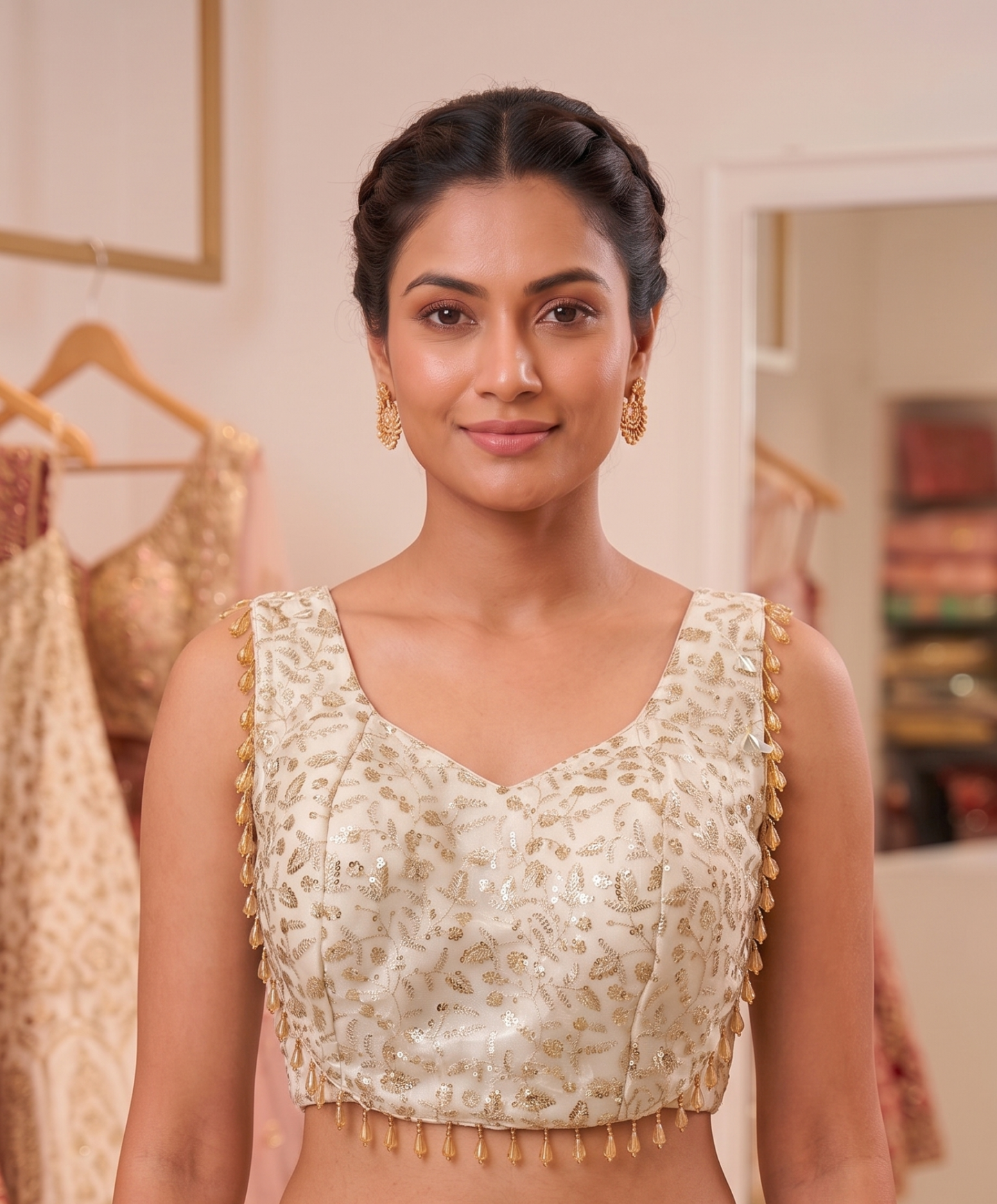 Pearl-Ivory Sequined Sweetheart Blouse with short sleeves