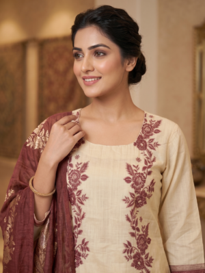 Maroon Floral Embroidered Silk Blend Kurta Set 3 with Banarasi Dupatta