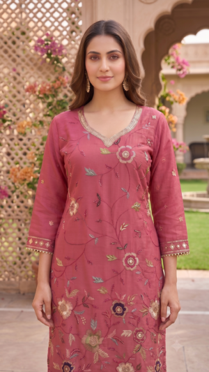 Onion Pink Ethnic V-Neck Embroidered Sharara Suit 3 Set