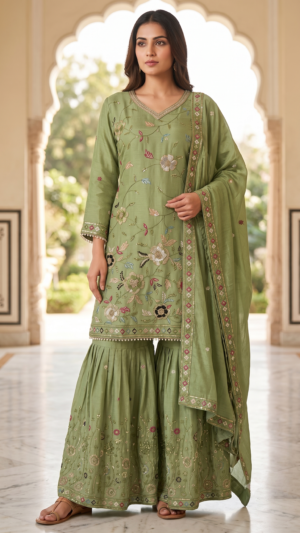 Olive Green Floral Embroidered Chanderi Silk Sharara 3 Set