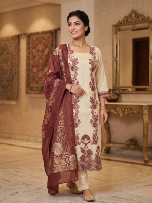 Maroon Floral Embroidered Silk Blend Kurta Set 3 with Banarasi Dupatta