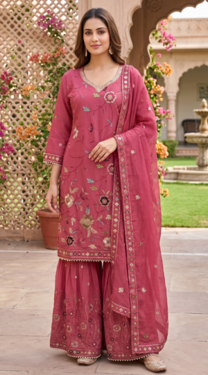 Onion Pink Ethnic V-Neck Embroidered Sharara Suit 3 Set