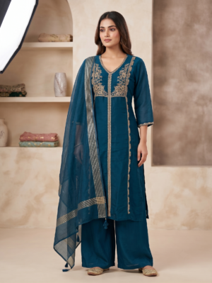 Royal Teal Blue Zari Embroidered Kurta Set 3 with Matching Palazzo