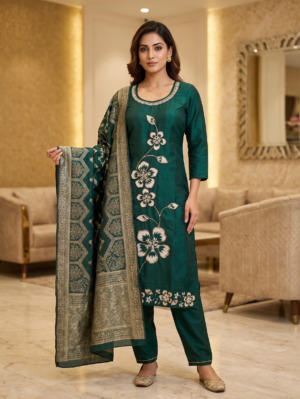 Emerald Green Floral Embroidery Straight Kurta Set 3 with Banarasi Zari Dupatta