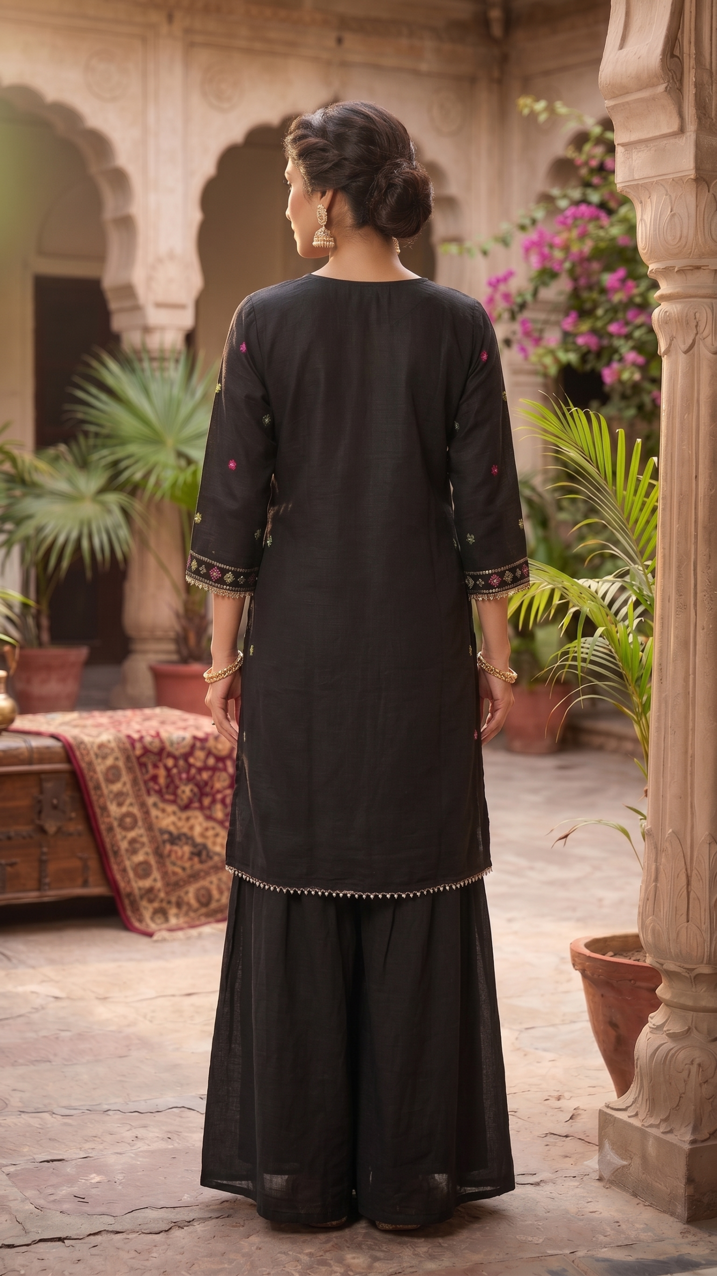 Black Velvet-Feel Floral Threadwork Kurti with Dupatta 3 Set - Image 4