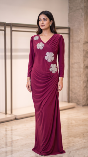 The Crystal Wine Red Bloom Draped One Piece