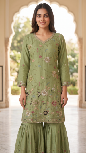 Olive Green Floral Embroidered Chanderi Silk Sharara 3 Set