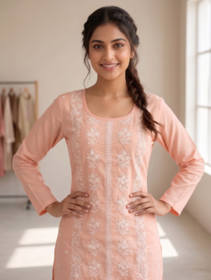 Peach Floral Chikankari Embroidered Kurta Set 3 with Dupatta