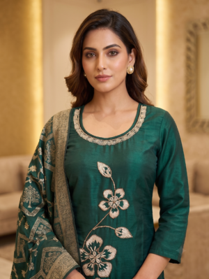 Emerald Green Floral Embroidery Straight Kurta Set 3 with Banarasi Zari Dupatta