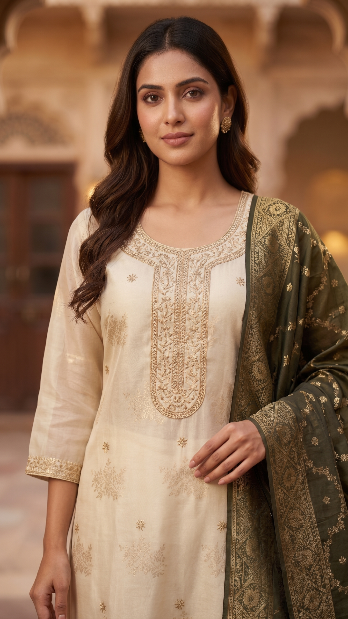 Royal Cream & Olive Banarasi Silk Suit 3 Set - Image 2