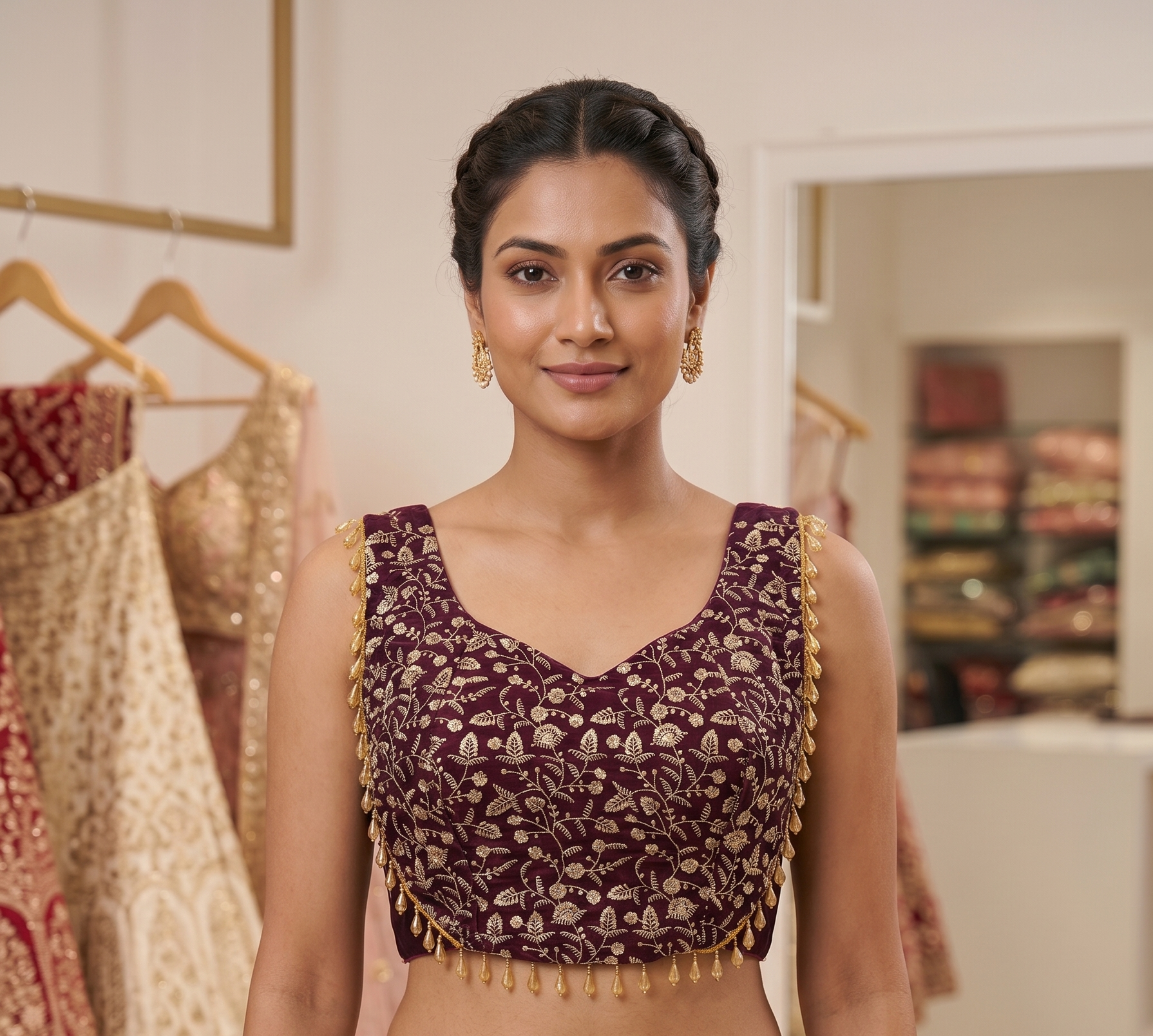 The Royal Plum Embroidered Velvet Blouse With short sleeves