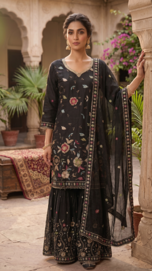 Black Velvet-Feel Floral Threadwork Kurti with Dupatta 3 Set