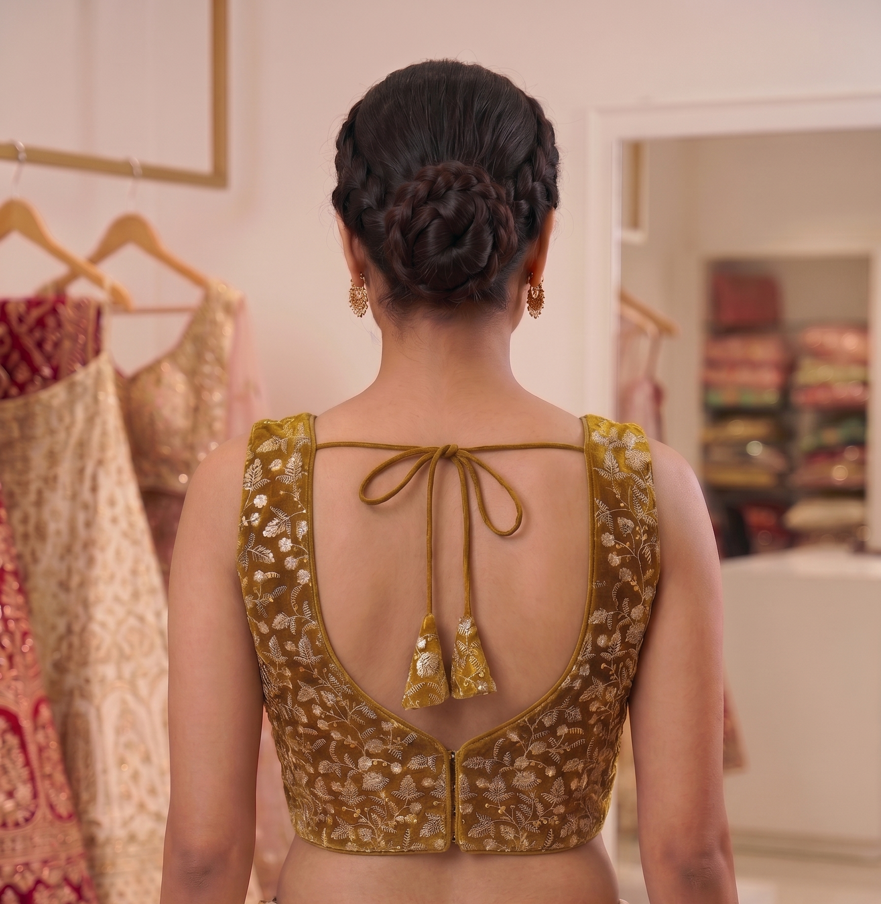 Gold Floral Embroidered Amber Velvet Blouse with short sleeves - Image 2
