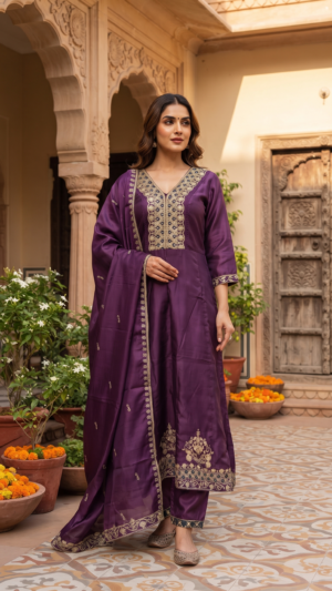 Maharani Royal Purple Silk Kurta & Pant Set with Organza/Zari Dupatta