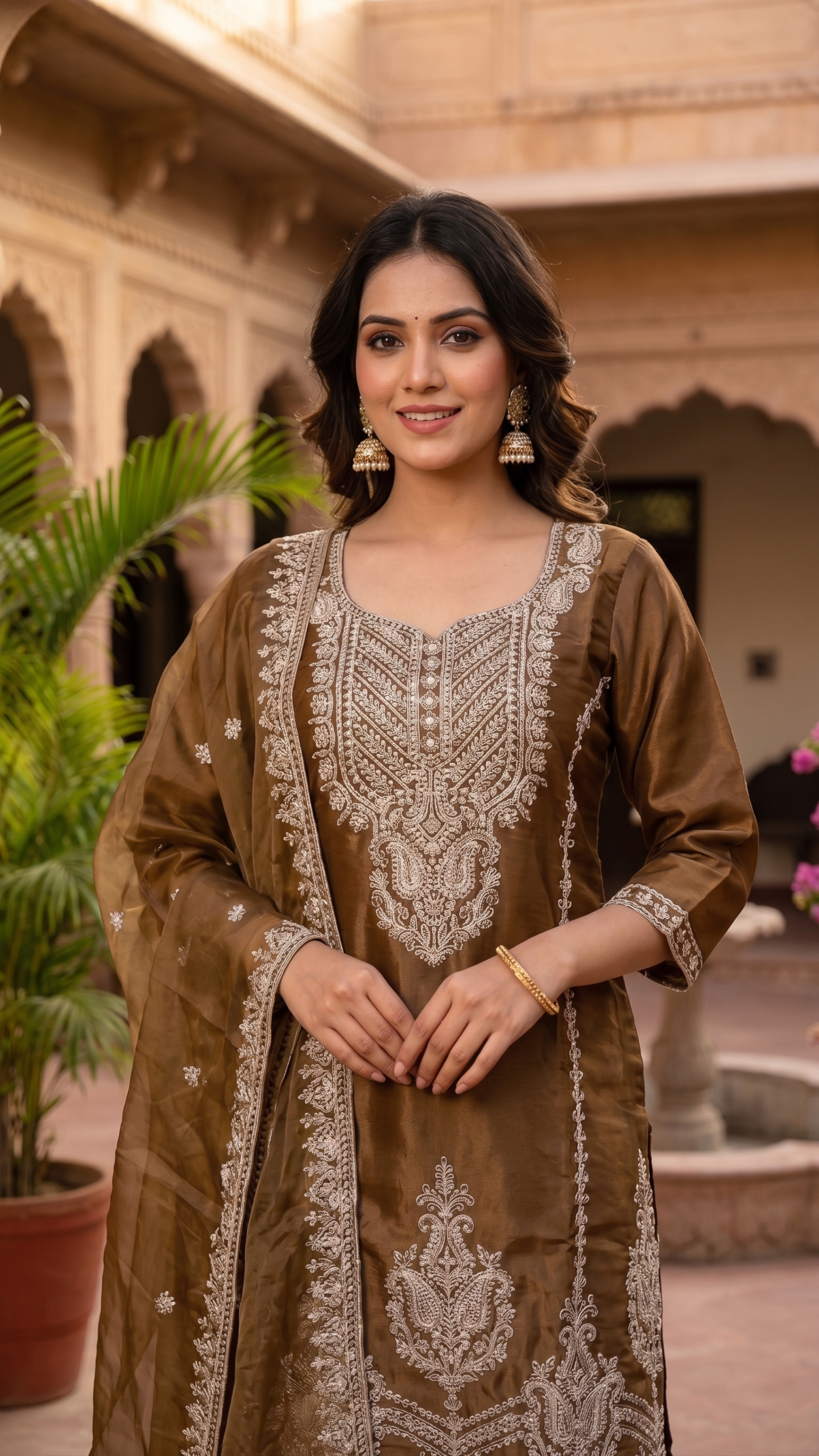 Umber Brown Intricate Embroidery Kurta-Pant 3 Set - Image 2