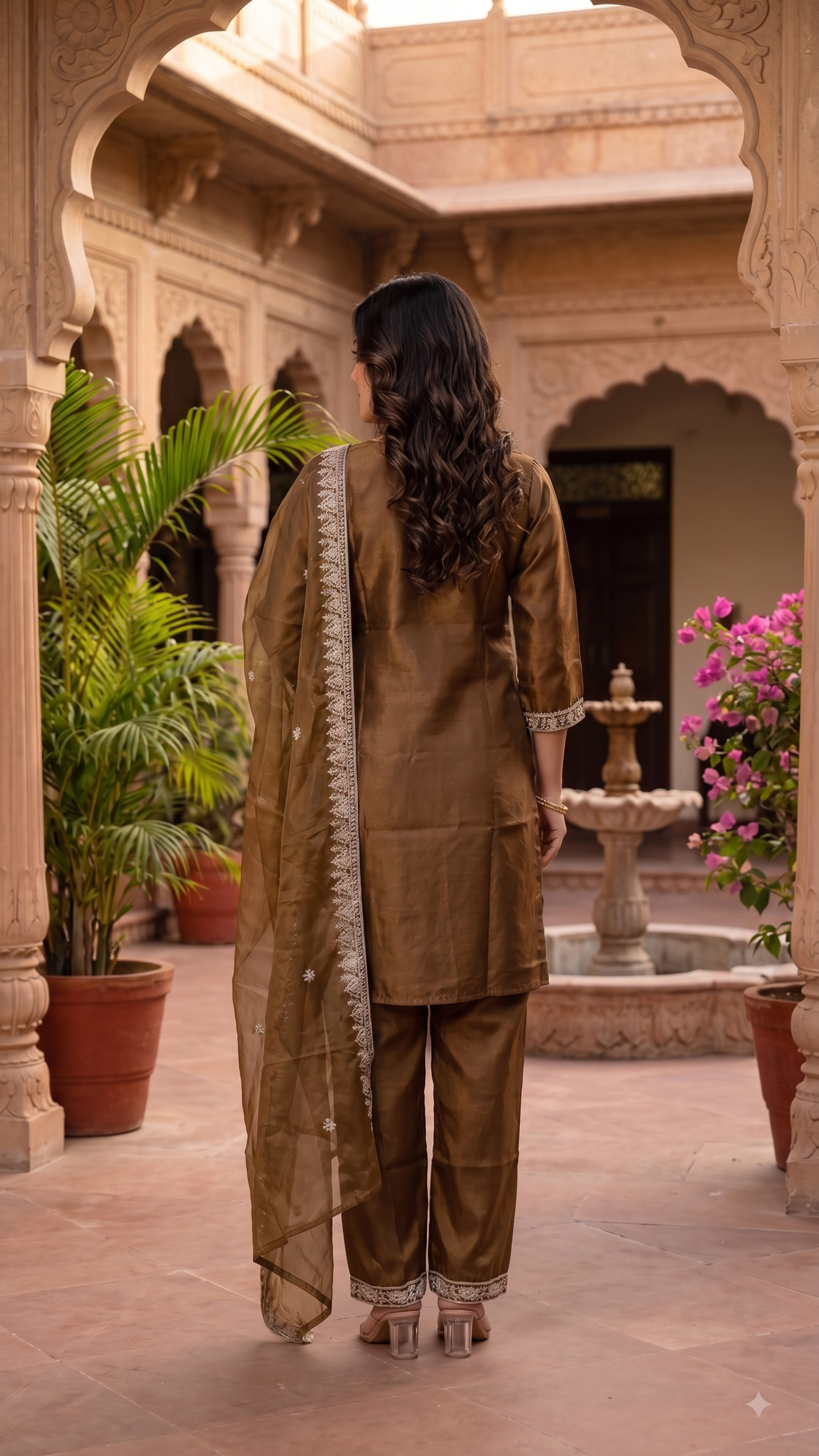 Umber Brown Intricate Embroidery Kurta-Pant 3 Set - Image 3