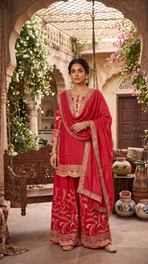 Royal Crimson Embroidered Kurti & Sharara 3 Set