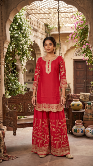 Royal Crimson Embroidered Kurti & Sharara 3 Set