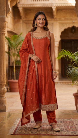 'Jaipuriya' Rust Silk Blend Suit 3 Set