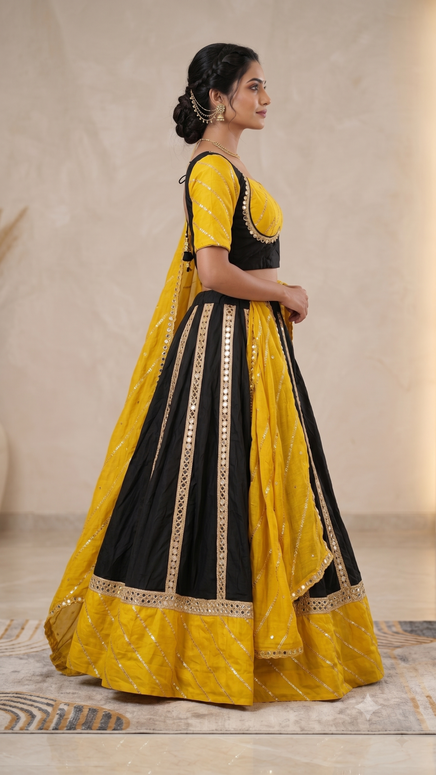 Festive Glow Black & Mustard Yellow Mirror Work Chaniya Choli - Image 3