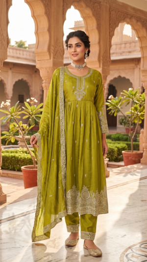 The Royal Olive Zari-Embroidered Anarkali Suit 3 Set