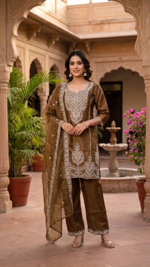 Umber Brown Intricate Embroidery Kurta-Pant 3 Set