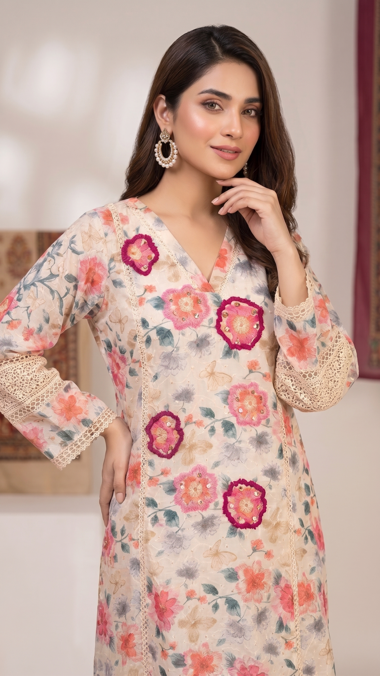 Noor-e-Bahaar" Floral Kurti 3 Set - Image 2