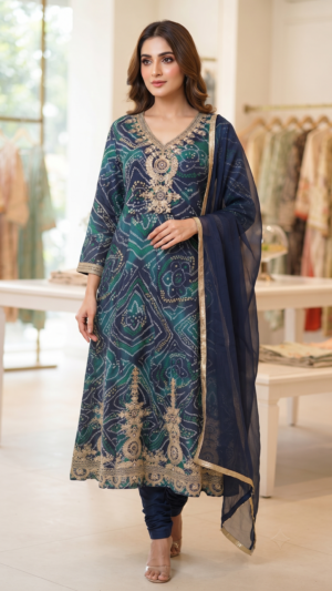 Royal Emerald Bandhani Anarkali 3 Set