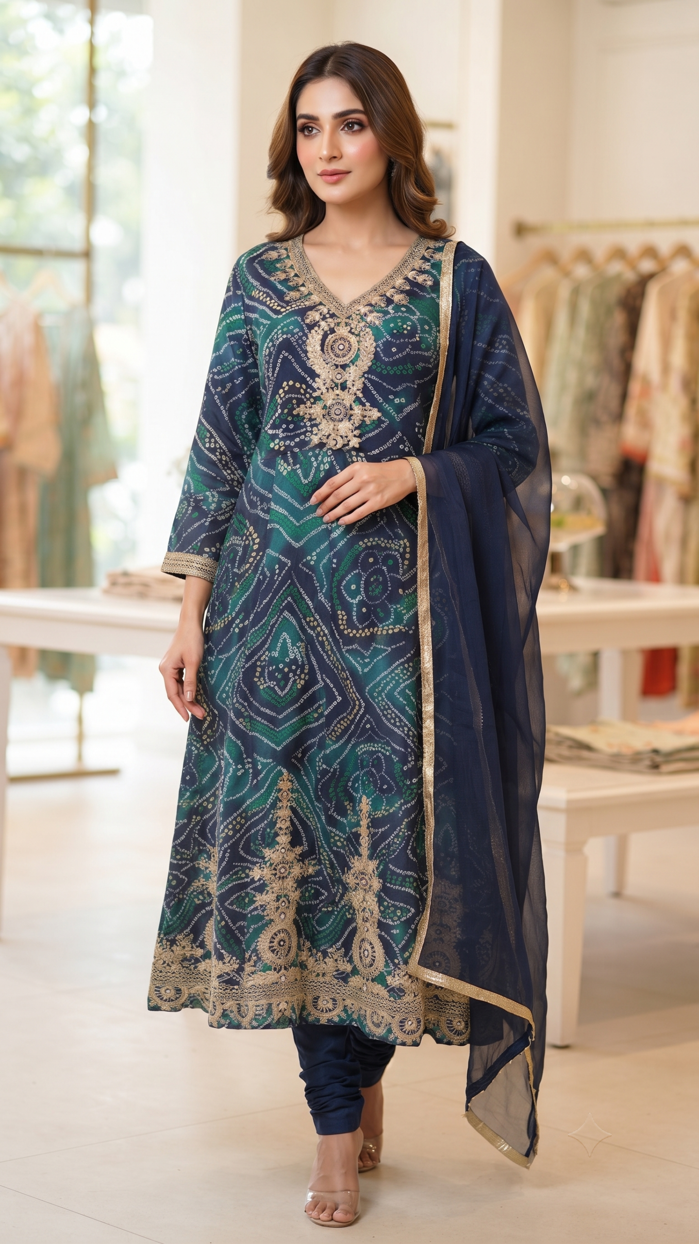 Royal Emerald Bandhani Anarkali 3 Set