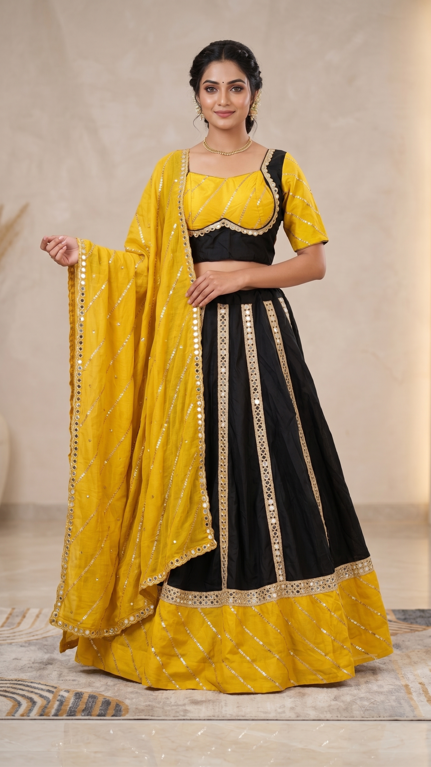 Festive Glow Black & Mustard Yellow Mirror Work Chaniya Choli