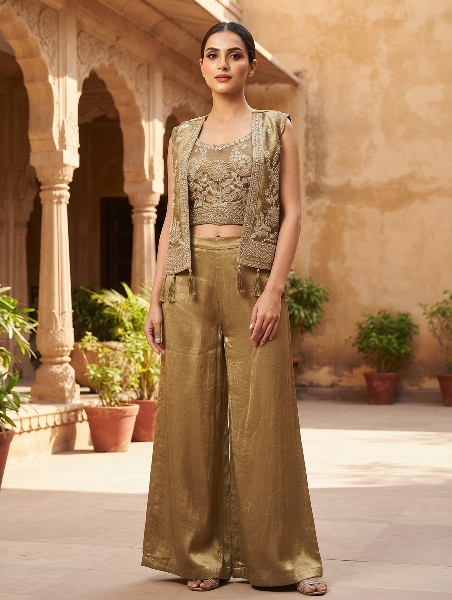 Olive Gold Embellished Crop Top, Jacket and Palazzo Set
