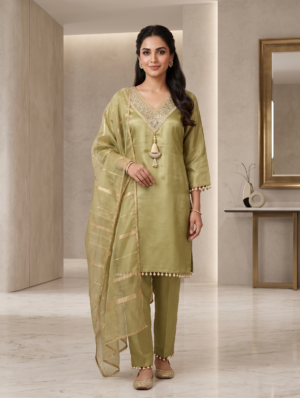 Olive Grace Embellished Silk Kurta 3 Set with Dupatta