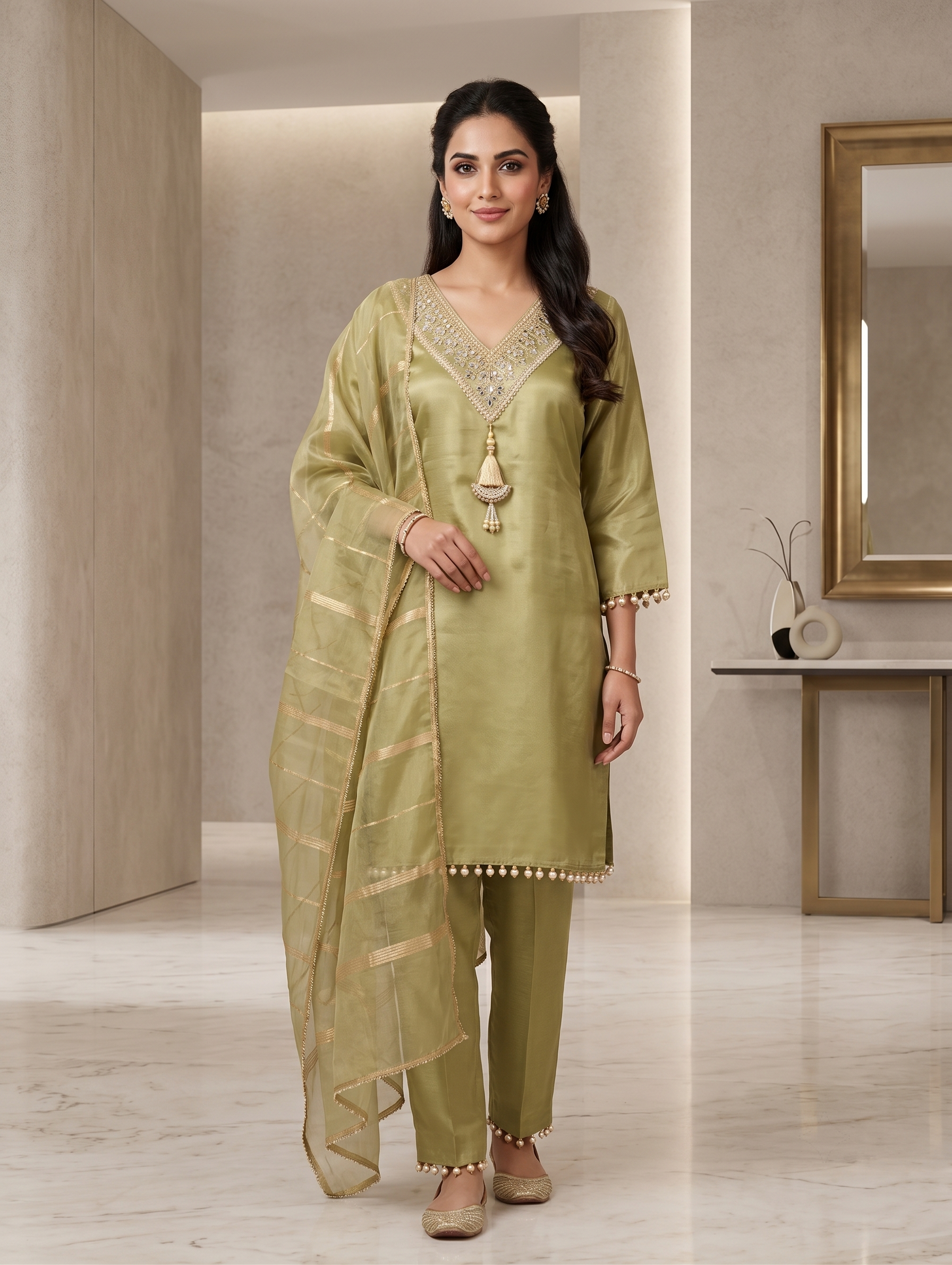 Olive Grace Embellished Silk Kurta 3 Set with Dupatta